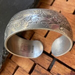 Vintage Kirk Pewter Narcissus Floral Cuff Bracelet U.S. Congress Engraved